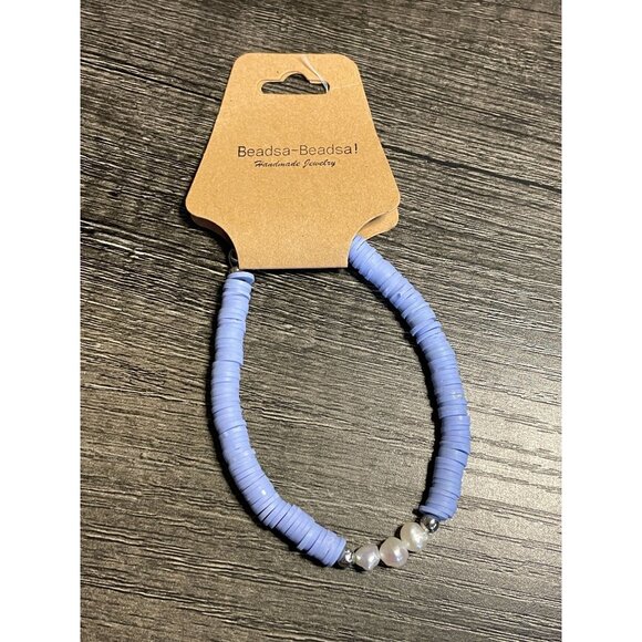 NEW polymer clay mother of pearl bracelet handmade blue silver beaded boho - Picture 1 of 6